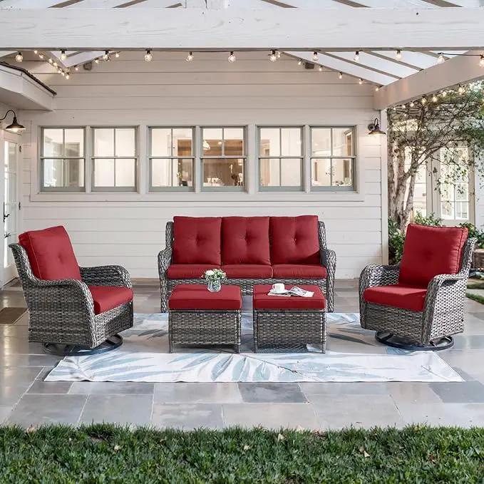 5 Piece Outdoor Patio Furniture Set - Wicker Furniture Patio Conversation Set, Outdoor Swivel Rocker Chairs with 3-Seater Sofa and 2 Ottomans for Small Space, Red Cushion by GreenHaven Gardens
