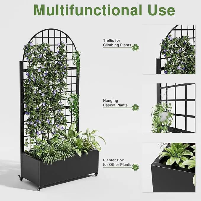 Casaphoria Metal Raised Garden Bed with Trellis and Wheels, 72"x35"x16" Arched Planter Box for Climbing Plants, Vegetables & Vines, Features Drainage Holes and Privacy Screen (Black-Grid) by GreenHaven Gardens