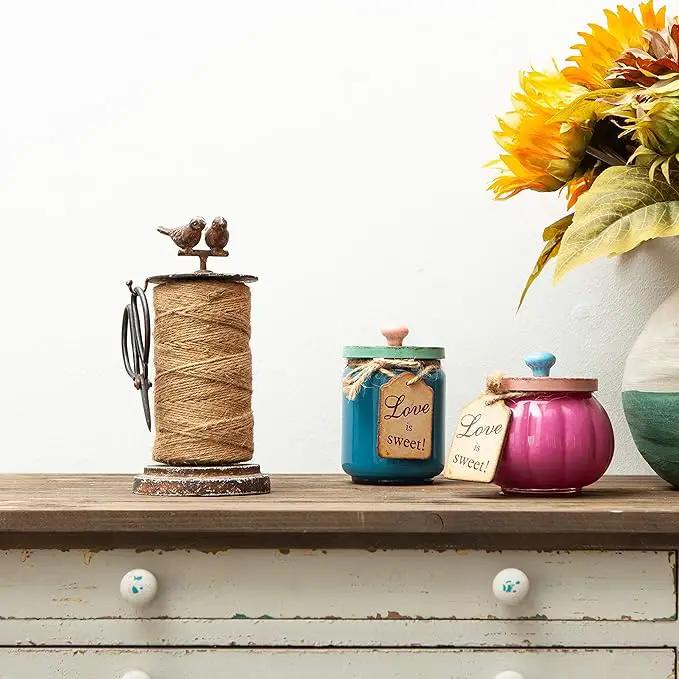 SOFFEE DESIGN Vintage Jute Twine Holder with Scissors for Garden Farmhouse Kitchen Counter Antique Twine Set Birds Rustic Black by GreenHaven Gardens