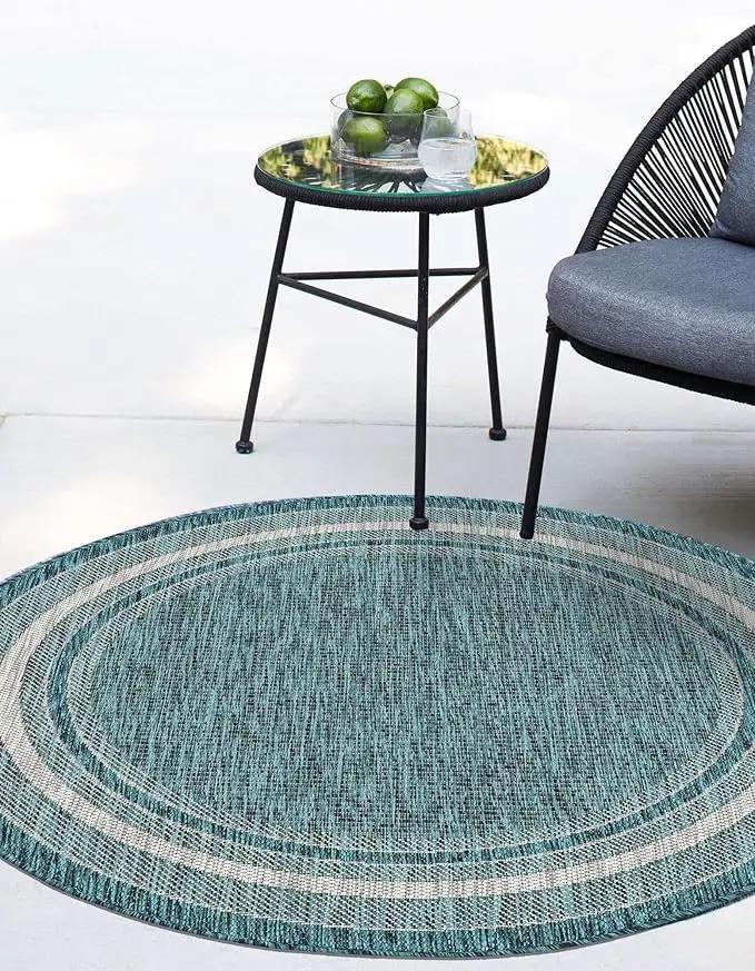 Unique Loom Outdoor Border Collection Area Rug - Soft Border (5' 1" Round, Teal/ Ivory) by GreenHaven Gardens