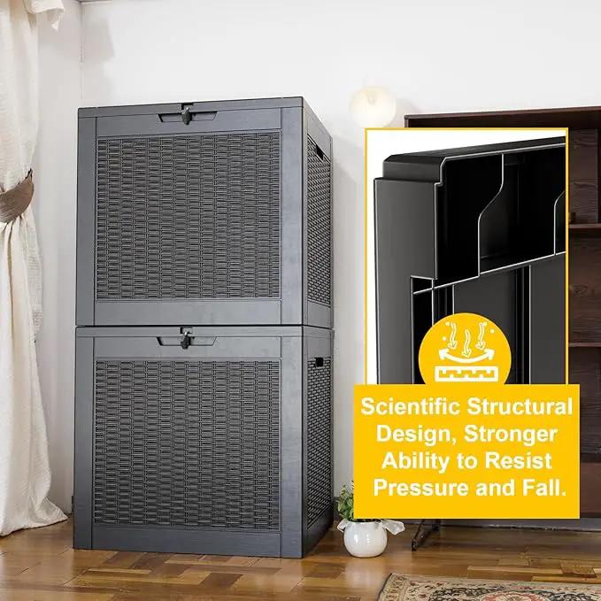 30 Gallon Wicker Pattern Resin Deck Box, Lockable Patio Outdoor Storage Box for Furniture, Garden Tools and Tools Storage, Waterproof Outside Storage Box - Black Rattan by GreenHaven Gardens