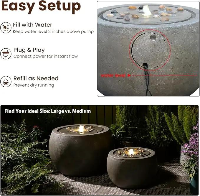 Garden Water Fountain Outdoor Large Round Bubbler Water Feature Indoor with Lights & Pump and Pebbles Concrete Effect for Patio Pool Pond Yard Home Decor Gray, 25 "L X 25" W X 17.5" H by GreenHaven Gardens