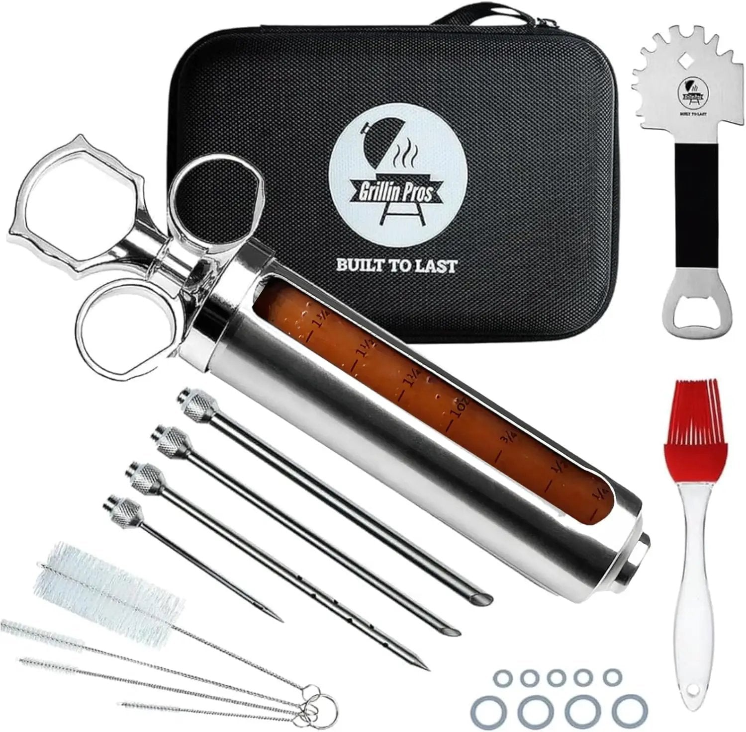 Professional Meat Injector Marinade Syringe Kit for Smoking & Grilling Turkey, Brisket & BBQ - Large 2 Oz Visible Stainless Steel Capacity - Never Leaks or Clogs + Safe Grill Cleaner & Flavor Brush by GreenHaven Gardens