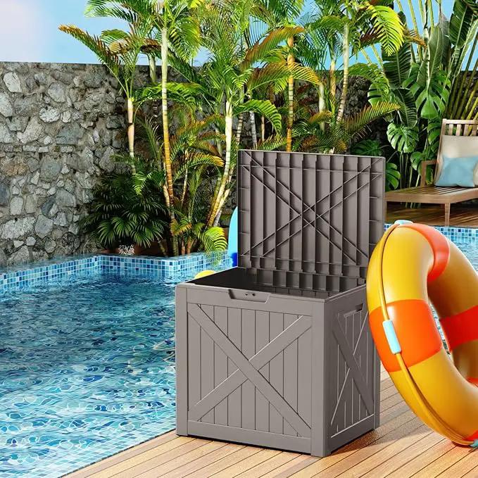 32 Gallon Resin Deck Box, Lockable Outdoor Storage Box for Patio Cushions Storage Furniture,Garden Tools, Pool Supplies, Weatherproof and UV Resistant (Grey X) by GreenHaven Gardens