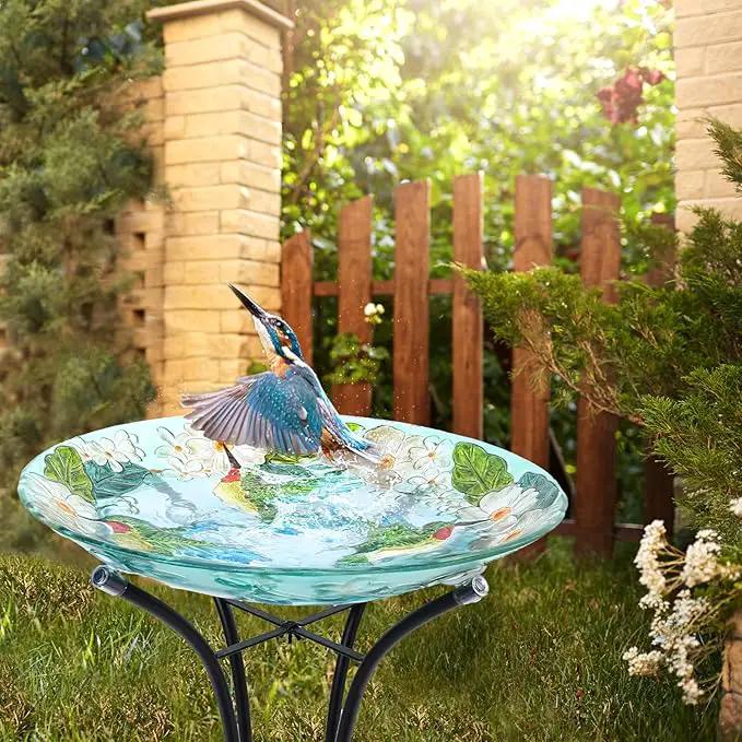 VCUTEKA 18" Outdoor Glass Birdbath with Sturdy Metal Stand for Lawn, Yard, or Garden Decor Bird Lovers Gift, Hummingbird Bird Bath Detachable, 22" Height by GreenHaven Gardens
