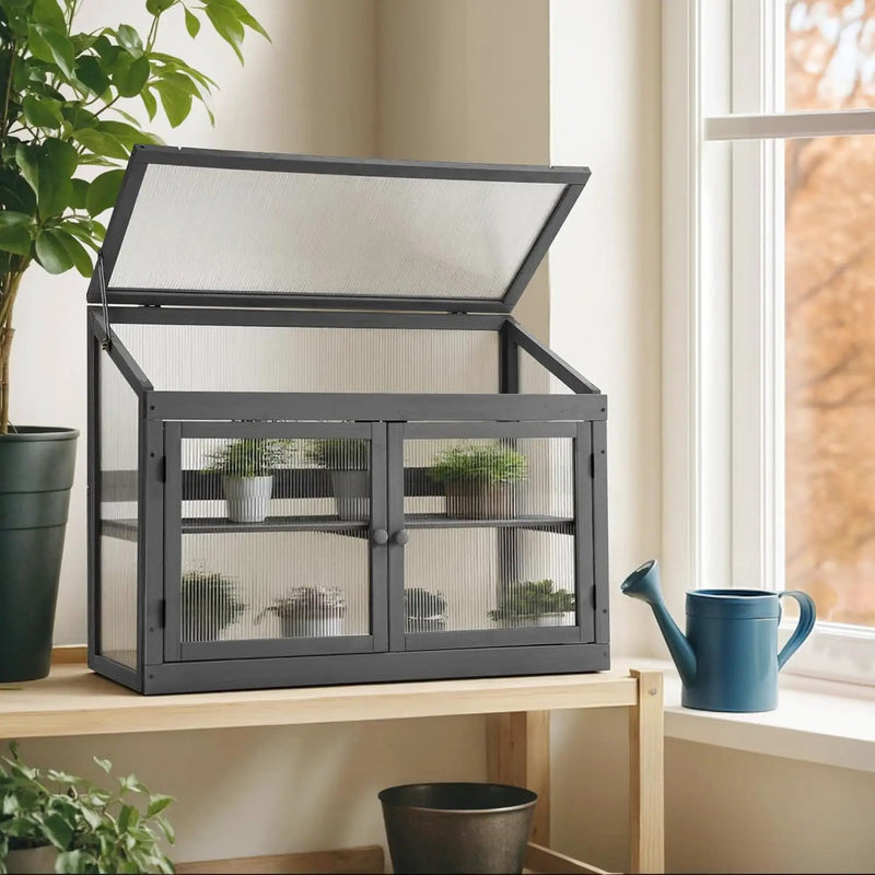 MCombo 2-Tier Wooden Cold Frame Garden Greenhouse Raised Flower Planter Shelf Bed Protection 6057-0160 (Dark Grey) by GreenHaven Gardens