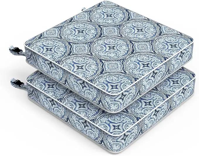 LVTXIII Patio Chair Cushions 22"x22"x3", Water-Repellent Outdoor Seat Cushions for Patio Furniture, Square Chair Pads with Ties for Home Garden Decoration, Set of 2, Medallion Blue by GreenHaven Gardens