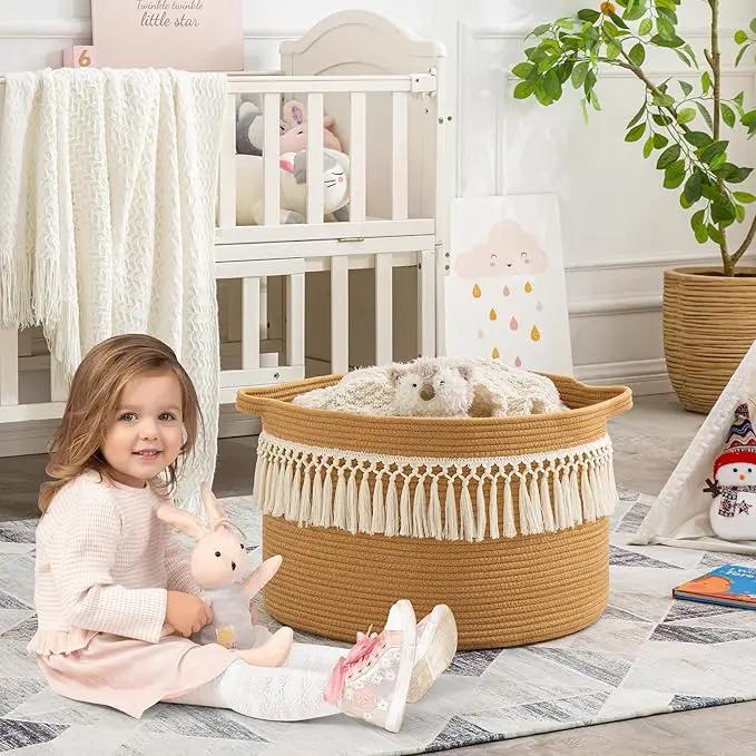 KAKAMAY Large Blanket Basket (20"x13"),Woven Baskets for storage Baby Laundry Hamper, Cotton Rope Blanket Basket for Living Room, Laundry, Nursery, Pillows, Baby Toy chest (Brown Fringe) by GreenHaven Gardens