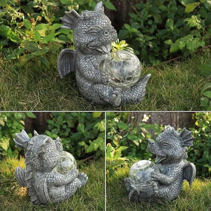 Garden Dragon Statue Outdoor Decor, Baby Resin Figurine Holding Magic Orb With Solar LED Lights, 7.1" for Patio, Lawn & Yard, Summer Gift for Mom by GreenHaven Gardens