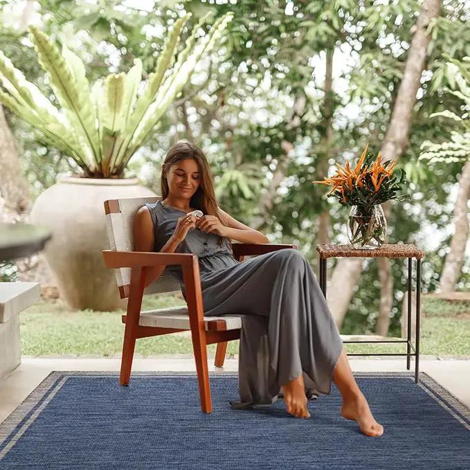 CAMILSON Outdoor Rug, 8x10 Bordered Navy Blue Gray Modern Area Rugs for Indoor and Outdoor Patios, Porches Waterproof Washable Porch Deck Outside Carpet (Bordered Navy, 8 x 10) by GreenHaven Gardens