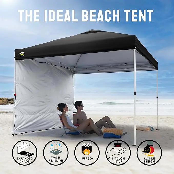 CROWN SHADES 10x10 Pop Up Canopy with 1 Side Wall - Beach Tent with One Push Setup - Outdoor Sun Shade for Events, Parties, Camping - Gazebo with STO-N-Go Cover Bag (Black) by GreenHaven Gardens