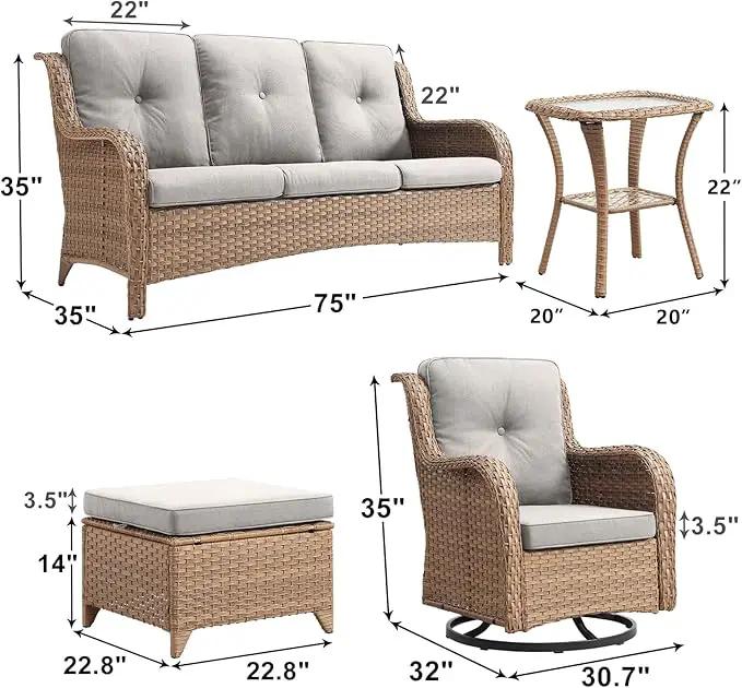 Outdoor Wicker Patio Furniture Set - 6 Piece Rattan Patio Conversation Set with 2 Rocking Swivel Chairs,2 Ottomans,1 Sofa and 1 Side Table for Porch Deck Backyard Garden(Yellow/Beige) by GreenHaven Gardens