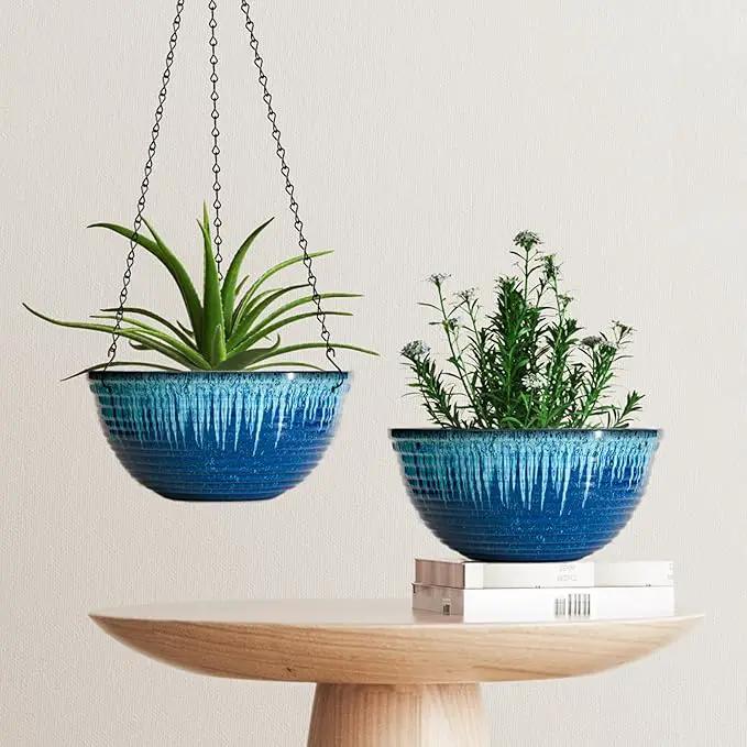 12 inch Hanging Planters for Indoor Outdoor Plants, 2 Pack Large Hanging Flower Pots with Drainage Holes and Chain, Glazed Hanging Baskets for Home Garden Decoration (Blue Flow Glaze) by GreenHaven Gardens