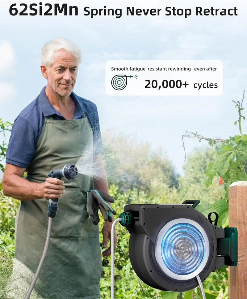 AYURA Retractable Garden Hose Reel 100 ft x 1/2 inch with Pro Metal Shaft, Heavy Duty Automatic Garden Hose Reels with Kink-Free Rewind and Lock at Any Length, Wall Mount Water Hose Reel for Outside by GreenHaven Gardens