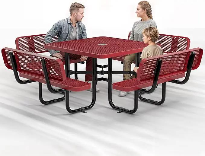 Metal Picnic Tables for Outdoors with Umbrella Hole - Coated Steel Heavy Duty Commercial Grade Table with Adjustable Seats (Red, 46 in, Square with Back, Expanded Steel) by GreenHaven Gardens