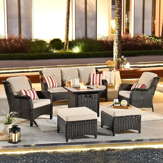 ovios 6 Pieces Patio Furniture Set with 30" Fire Pit Table, Outdoor Wicker Sofa with Ottomans, Comfy Cushions, High Back Couch Conversation Set, Brown Rattan, Beige by GreenHaven Gardens