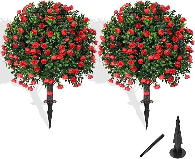 Artificial Boxwood Topiary Tree with Rose, Set of 2 Artificial Shrub Bushes with Ground Spike, Fake Evergreen Tree for Porch, Artificial Plants for Outdoor Planters Indoor UV Resistant by GreenHaven Gardens