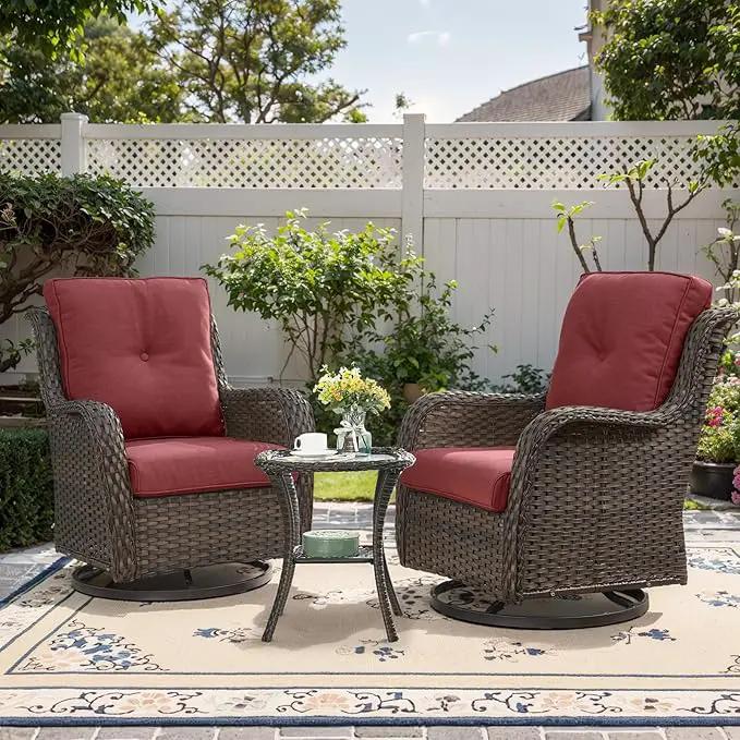 Outdoor Swivel Rocker Patio Chairs - 3 Piece Outdoor Bistro Set Wicker Patio Rocking Chairs Set of 2 with Side Table, 360 Degree Swivel Glider Seating for Porch Balcony Deck Brown/Red by GreenHaven Gardens