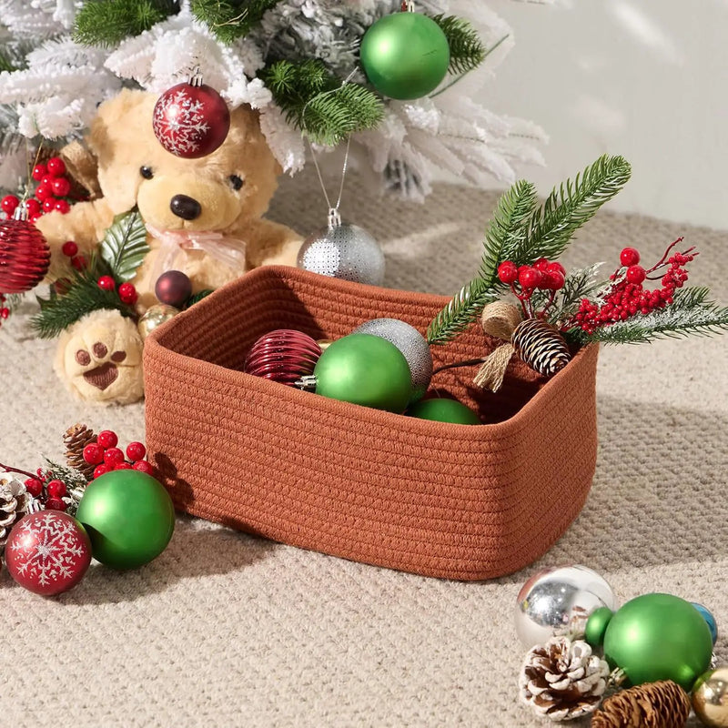 Small Storage Baskets for Organizing | Closet Organizer Bins | Shelf Toy Basket | Woven Rope Baskets | Cube Decorative Box | Shallow Basket | 11.5x7.5x4.7” | 4 Packs Oxide Red by GreenHaven Gardens