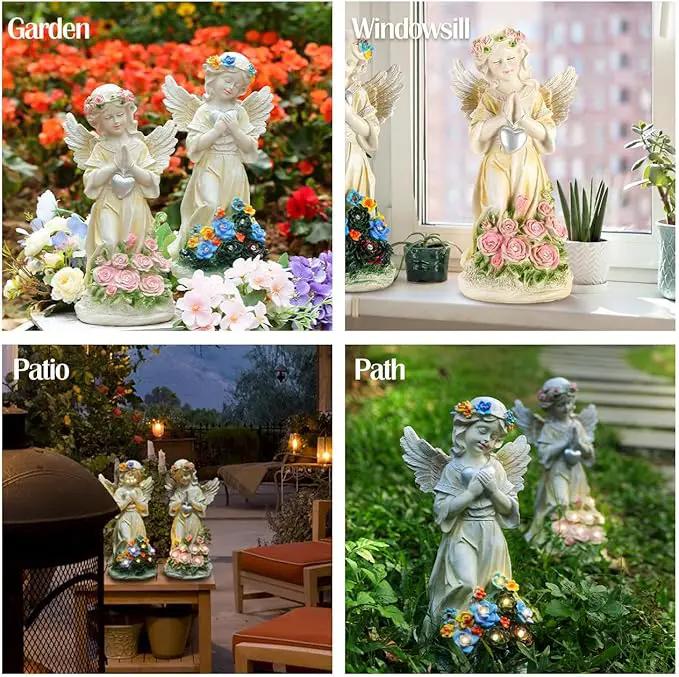 Angel Garden Statue 2Pcs,Love Heart Solar Garden Decor with Warm Light,Waterproof Praying Angel Statue with Flowers,Outdoor Garden Decor Sculpture for Lawn Yard Patio Garden Gifts,Apricot by GreenHaven Gardens