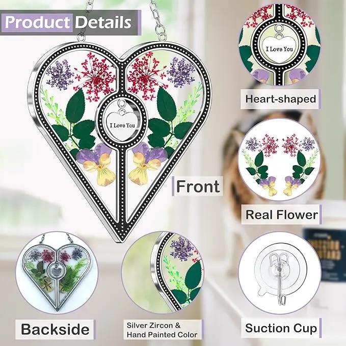 KY&BOSAM Heart Suncatcher I Love You Glass Panels for Window Hangings Wind Chime with Pressed Flower Heart Embedded in Glass Mom Gifts Birthday Gifts for Women Mother`s Day Valentine`s Christmas Decor by GreenHaven Gardens