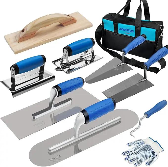 10PCS Concrete Trowel Set, Masonry Hand Tool Set Includes Large Flat Finishing and Pool Trowel, Wood Float, Concrete Edger and Groover, Margin Gauging, Wire Twister, Gloves & Carry Bag by GreenHaven Gardens
