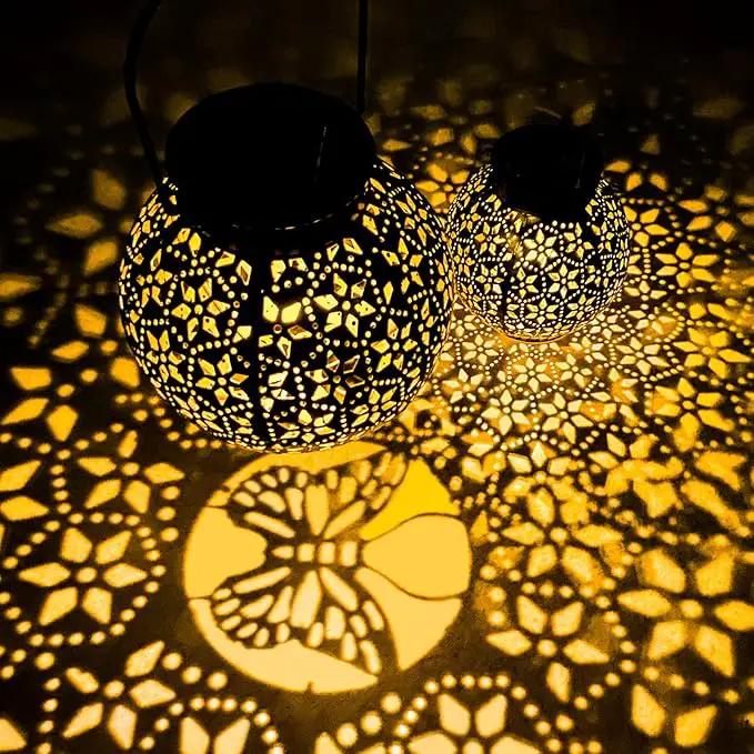2 Pack Outdoor Solar Lantern Lights, Waterproof Tabletop LED Moroccan Lanterns, Hanging Metal Decorative Garden Lights for Patio, Lawn, Porch, Backyard by GreenHaven Gardens