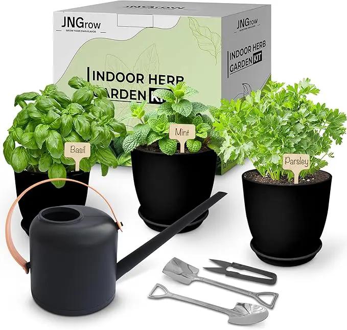 Indoor Garden Kit - Plant Pots with Drainage, Watering Can & Tools - Ideal Windowsill Planter Set - Modern Home & Kitchen Decor Gift - Black by GreenHaven Gardens