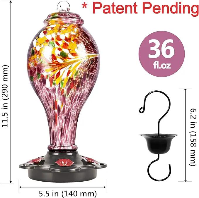 LUJII Hand Blown Glass Hummingbird Feeder for Outdoors Hanging with Ant Guard, 36 fl.oz, Leak Proof & Rustproof, Metal Base with 5 Feeding Ports & 5 Perches, Unique Garden & Backyard Decor (Purple) by GreenHaven Gardens