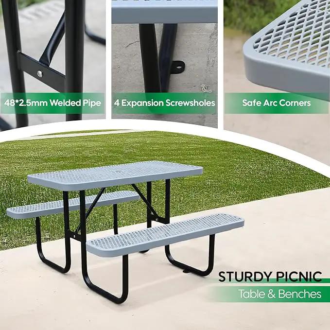 4FT Metal Picnic Tables for Outdoors, Commercial Rectangular Picnic Table and Bench Set for Outside, Patio, Garden, Backyard, Porch, Surface Mount, Grey by GreenHaven Gardens