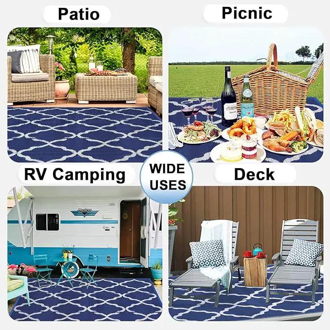 OutdoorLines Outdoor Plastic Area Rugs for Patio 5x8 ft - Reversible Outside Carpet, Stain & UV Resistant RV Mats, Straw Rug for Camping, Deck Garden, Porch and Balcony, Moroccan Navy & Light Grey by GreenHaven Gardens