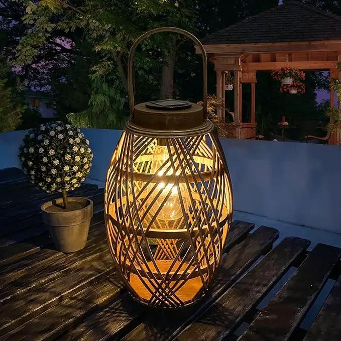 pearlstar Outdoor Solar Lanterns Light Rattan Bamboo Lamp with Handle for Hanging or Table Lamp for Patio Yard Garden Wedding Home Decoration, Edison Bulb, Auto on/Off(Style2) by GreenHaven Gardens