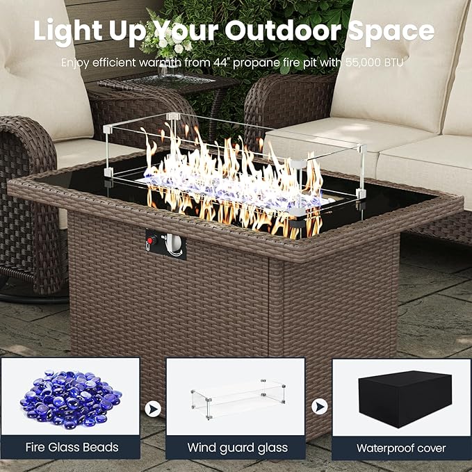 7 Pieces Outdoor Patio Furniture Sets with Rocking Swivel Chairs with 6-inch Thick Cushion and Fire Pit Table for Deck Lawn by GreenHaven Gardens