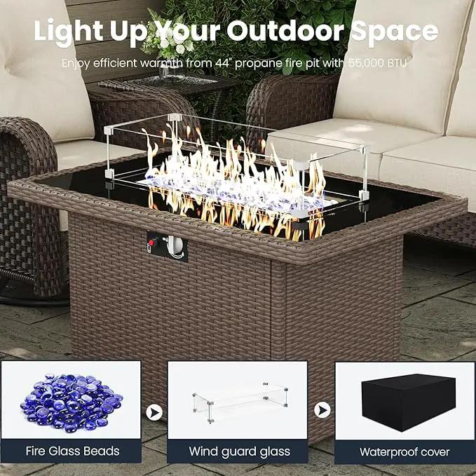 8 Pieces Outdoor Patio Furniture Sets with Rocking Swivel Chairs with 6-inch Thick Cushion and Fire Pit Table for Deck Lawn by GreenHaven Gardens