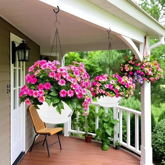 2 Pack 12 Inch Large Hanging Planters with Chains Self Watering White Plastic Hanging Pots for Indoor Outdoor Plants, Garden Porch Home Decor，White by GreenHaven Gardens