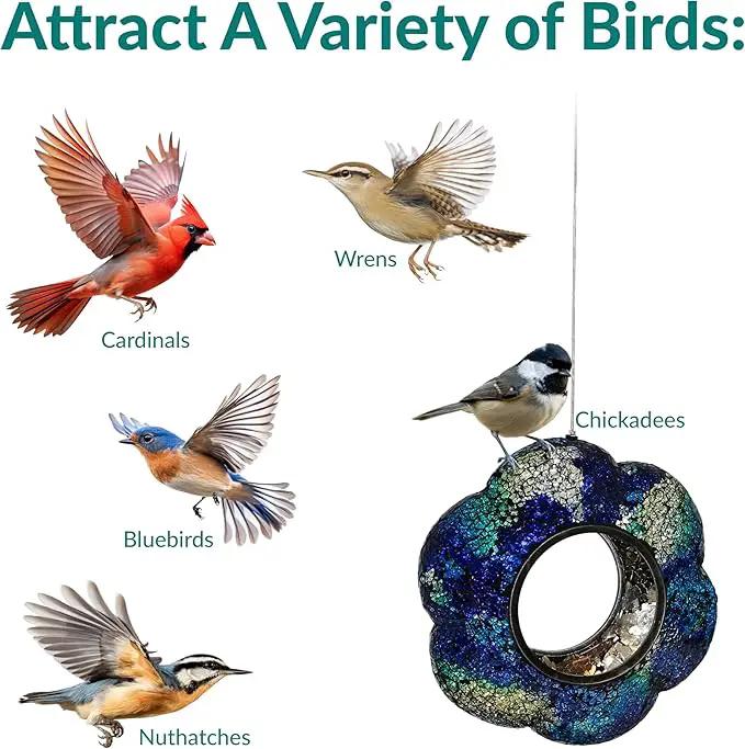 Sunnydaze 10-Inch Glass Mosaic Hanging Bird Feeder for Outdoors - Fly-Through Wild Bird Feeder - Indigo Flower Mosaic