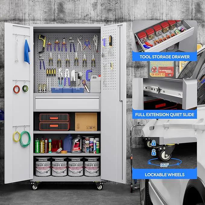 Garage Storage Cabinet with Locking Doors and 2 Adjustable Shelves, 71" H Metal Rolling Tool Storage Cabinet with Wheels, Drawer, Pegboard and 16 Hooks for Garage, Warehouse, White and Gray by GreenHaven Gardens