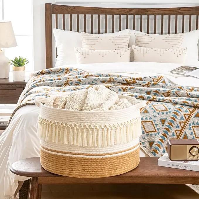 KAKAMAY Large Blanket Basket (20"x13"),Woven Baskets for storage Baby Laundry Hamper, Cotton Rope Blanket Basket for Living Room, Laundry, Nursery, Pillows, Baby Toy chest (White Fringe) by GreenHaven Gardens