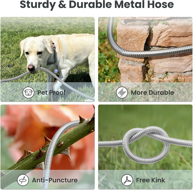 Girafe Tools Garden Hose 25ft x 5/8", 304 Stainless Steel Metal Water Hose, No Kink Garden Water Hose with 9 Pattern Spray Nozzle, Flexible, Lightweight, Kink Free Hose for Yard, Outdoor by GreenHaven Gardens