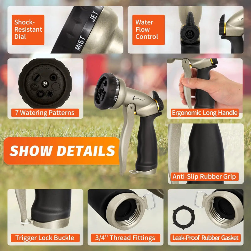 AUTOMAN Garden Hose Nozzle - 7 Patterns Sprayer, 100% Metal High Pressure Spray Nozzle, Labor-Saving Design, Heavy Duty Water Hose Nozzle for Garden Watering, Car Washing, Window Cleaning,Pets Bathing by GreenHaven Gardens