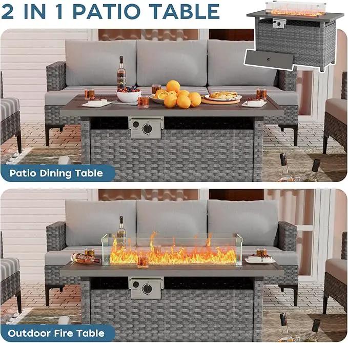 Propane Fire Pit Table Outdoor, 44" 60000BTU Auto-Ignition Fire Pits Table with Wind Guard Square Large Wicker Propane Firepits for Porch Garden(Grey,CSA Certified) by GreenHaven Gardens