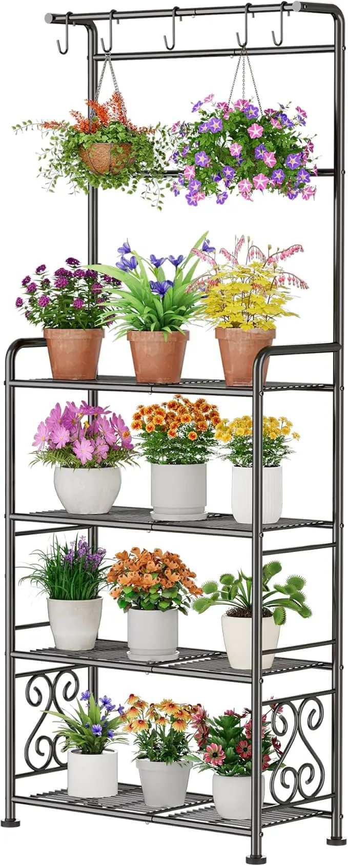 Plant Stand Indoor Outdoor Heavy Duty Metal - 68.4" Tall 4-Tier Shelf for Multiple Plants, Flowers, Rustproof Black Storage Rack for Patio, Balcony, Living Room, Garden, Includes Hooks&Adjustable Feet by GreenHaven Gardens