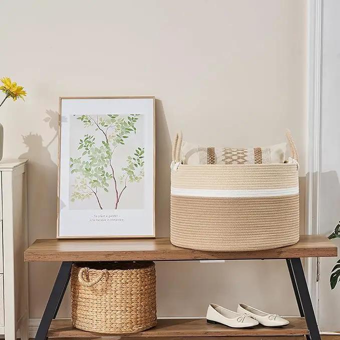 KAKAMAY Large Blanket Basket (20"x13"),Woven Baskets for storage Baby Laundry Hamper, Cotton Rope Blanket Basket for Living Room, Laundry, Nursery, Pillows, Baby Toy chest (White and Brown) by GreenHaven Gardens