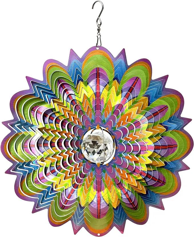 FONMY Mandala Wind Spinner w/Crystal Ball-Bloosom 3D Stainless Steel Suncatcher Hanging Spinners Worth Gift Christmas Decoration Indoor/Outdoor Garden Décor Kinetic Yard Art 12 Inches Wind Sculpture by GreenHaven Gardens