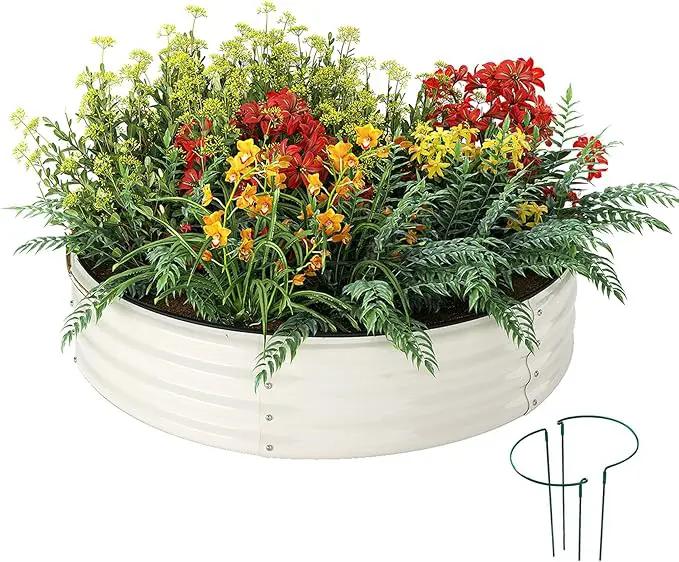 Galvanized Metal Planter Round Raised Garden Bed Kit for Gardening Outdoor，2x2x1ft Grow Garden Box Raised Flower Bed，Round Galvanized Planter Outdoor Metal Fire Pit Ring White by GreenHaven Gardens