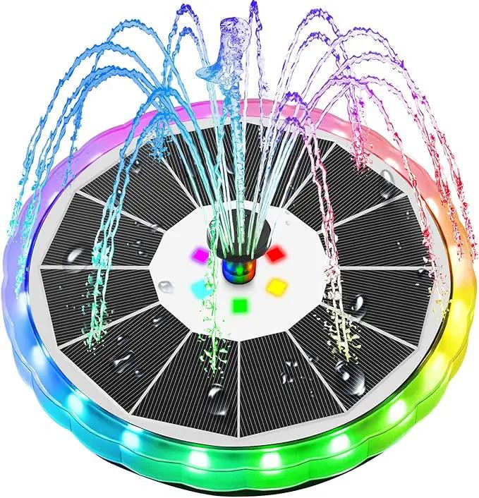 Solar Water Fountain with LED Lights Matte Panel, Built-in 4000 mAH Battery Large Bird Bath Fountains Solar Power with 4 Fixed Rods, Solar Fountain Pump for Pond, Outdoor,Garden,Pool-Multicolor by GreenHaven Gardens