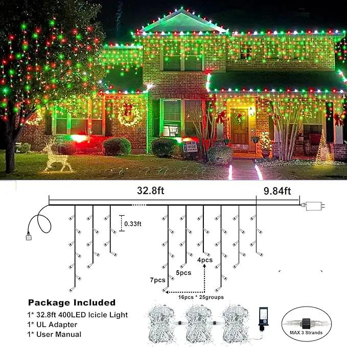 Icicle Lights for Outside, 33FT 400 LED Christmas Lights Outdoor with Waterproof 8 Modes, Plug in Connectable String Twinkle Light for Indoor Roof Window Garden Fence Party Decorations, Red Green by GreenHaven Gardens