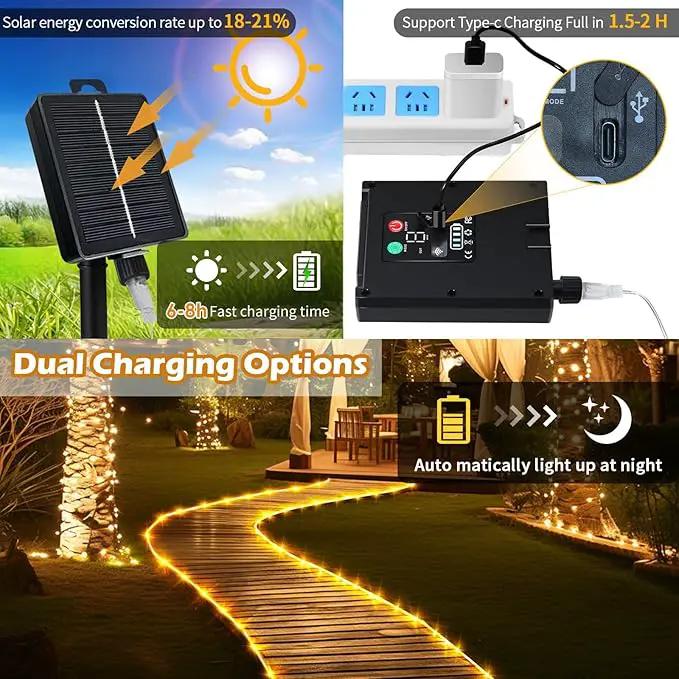 Solar Rope Lights Waterproof 39FT 100LEDs,High Capacity Rechargeable Battery,Dual Charging,Outdoor String Light,Remote-Control,for Pathway Patio Garden Palm Tree Christmas (Brighter - Warm White) by GreenHaven Gardens