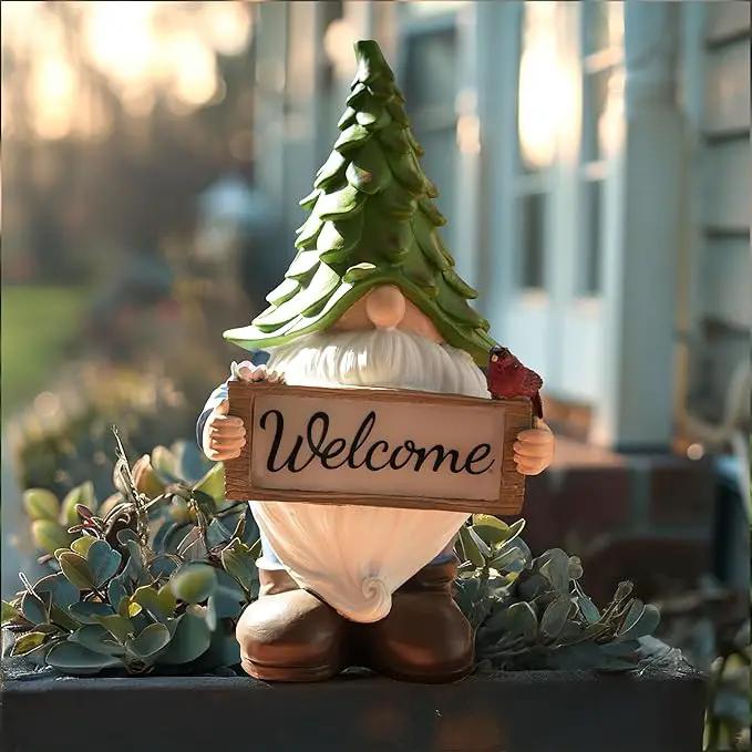 Garden Gnome Statue with Solar Lights, 13.5” Welcome Sign Gnome Outdoor Decor for Yard Lawn Patio, Funny Resin Gnome Sculptures, Gifts for Women Mom Grandma,Garden Decor Ornament by GreenHaven Gardens