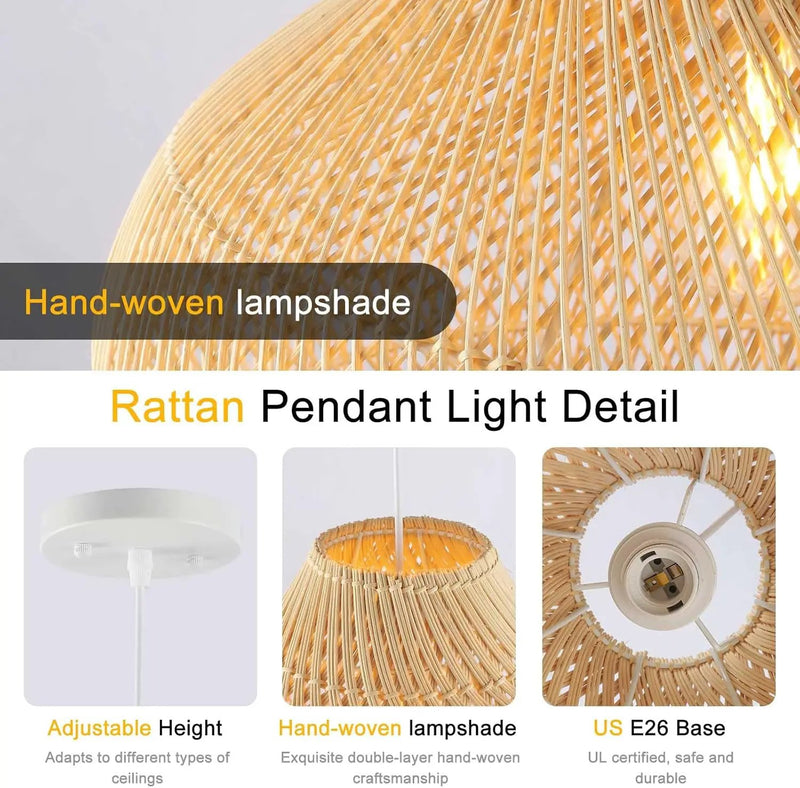 Large Rattan Pendant Light, 19.7" Rattan Boho Wicker Chandelier Hand-Woven Basket Pendant Light Fixtures for Dining Room Kitchen Island Living Room by GreenHaven Gardens